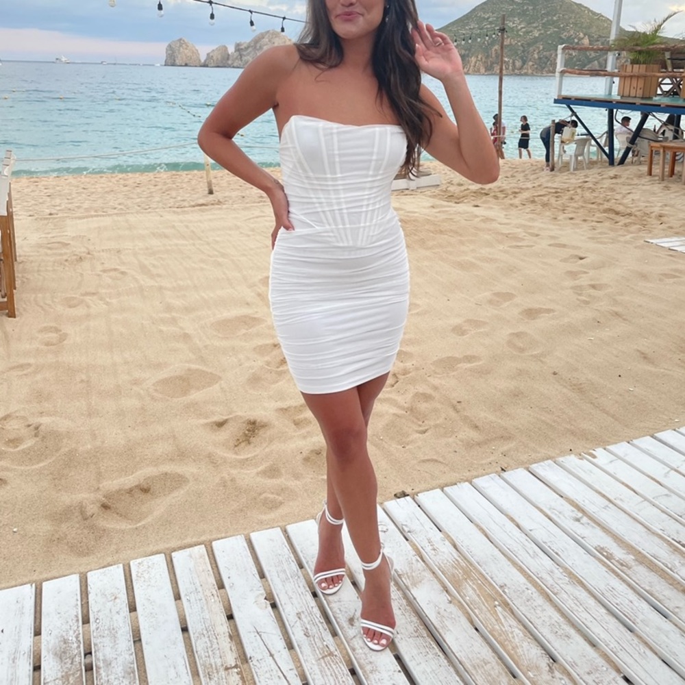Super down mesh corset mini dress in white
